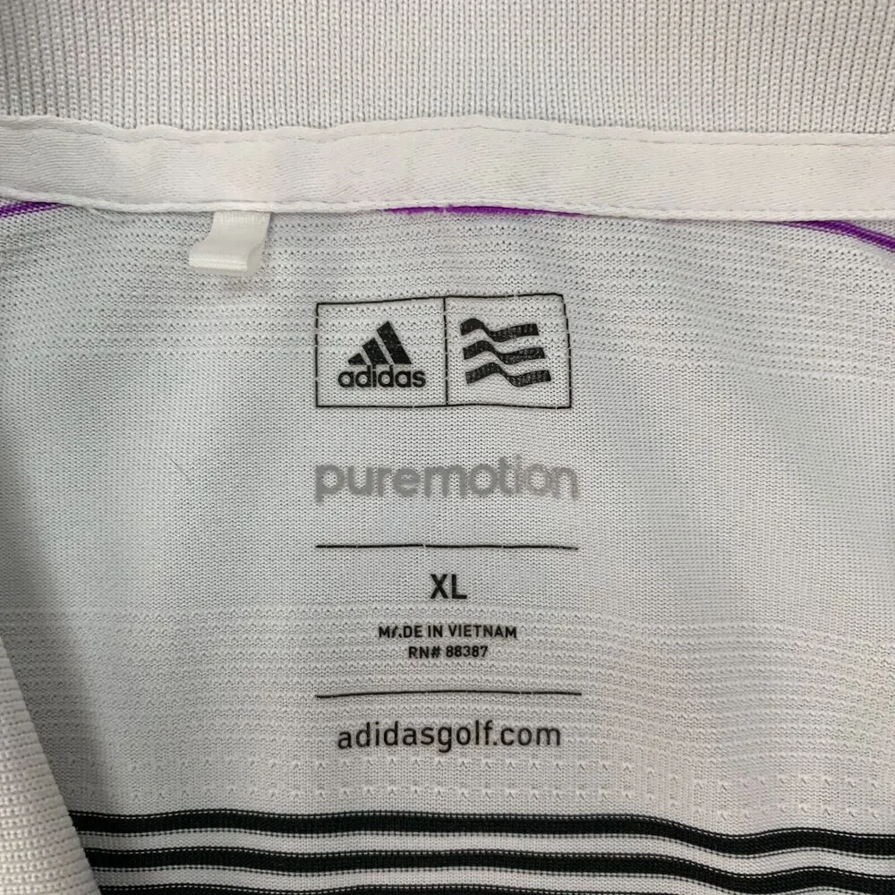Adidas Golf Shirt Men XL White Purple Stripe Stretch Lightweight Puremotion Polo